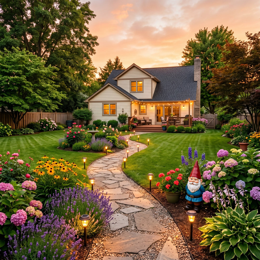 Well-kept backyard garden with solar lights and decorative lawn ornaments