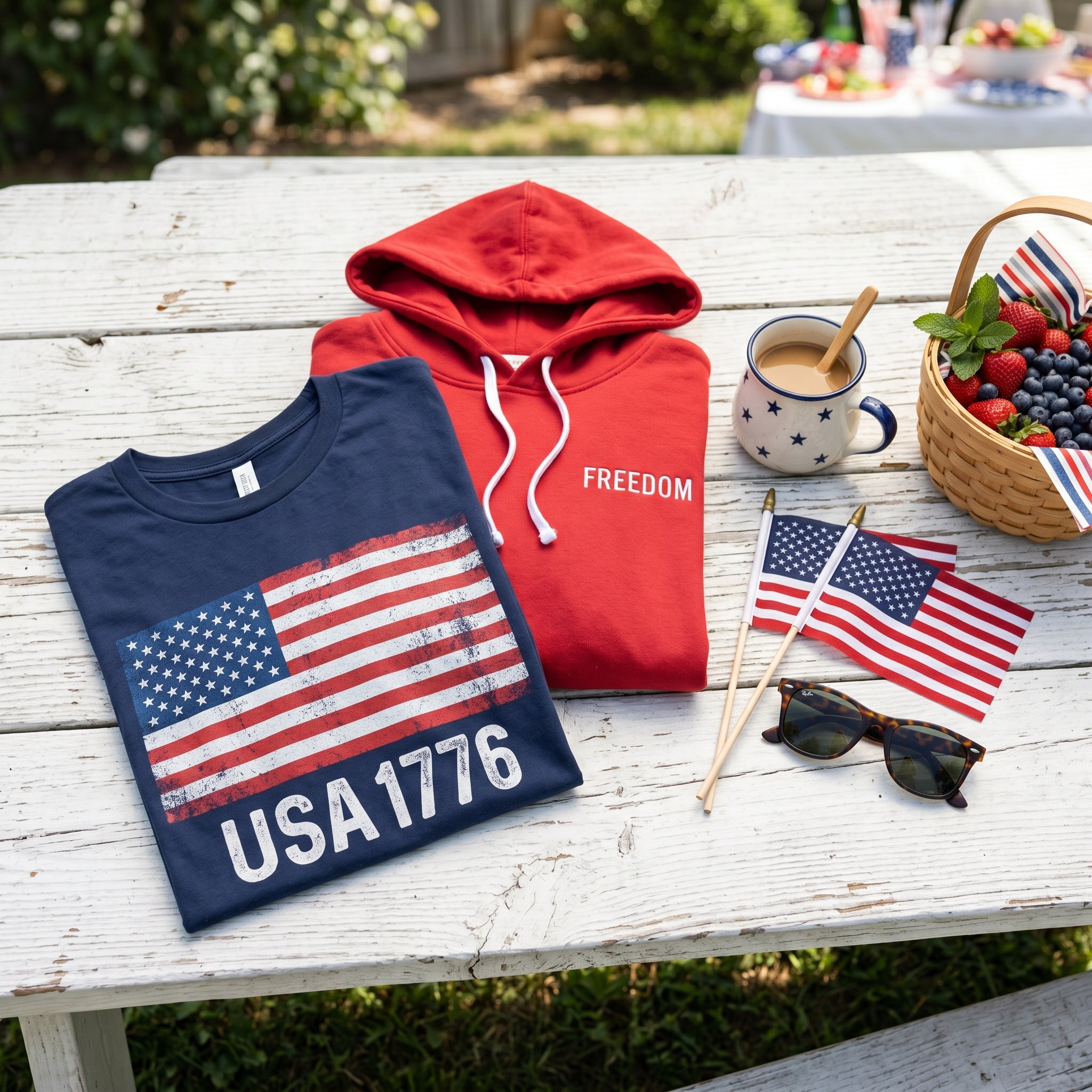 Patriotic 4th of July apparel and gifts featuring an American flag t-shirt, freedom hoodie, and a star-patterned mug on a summer picnic table.