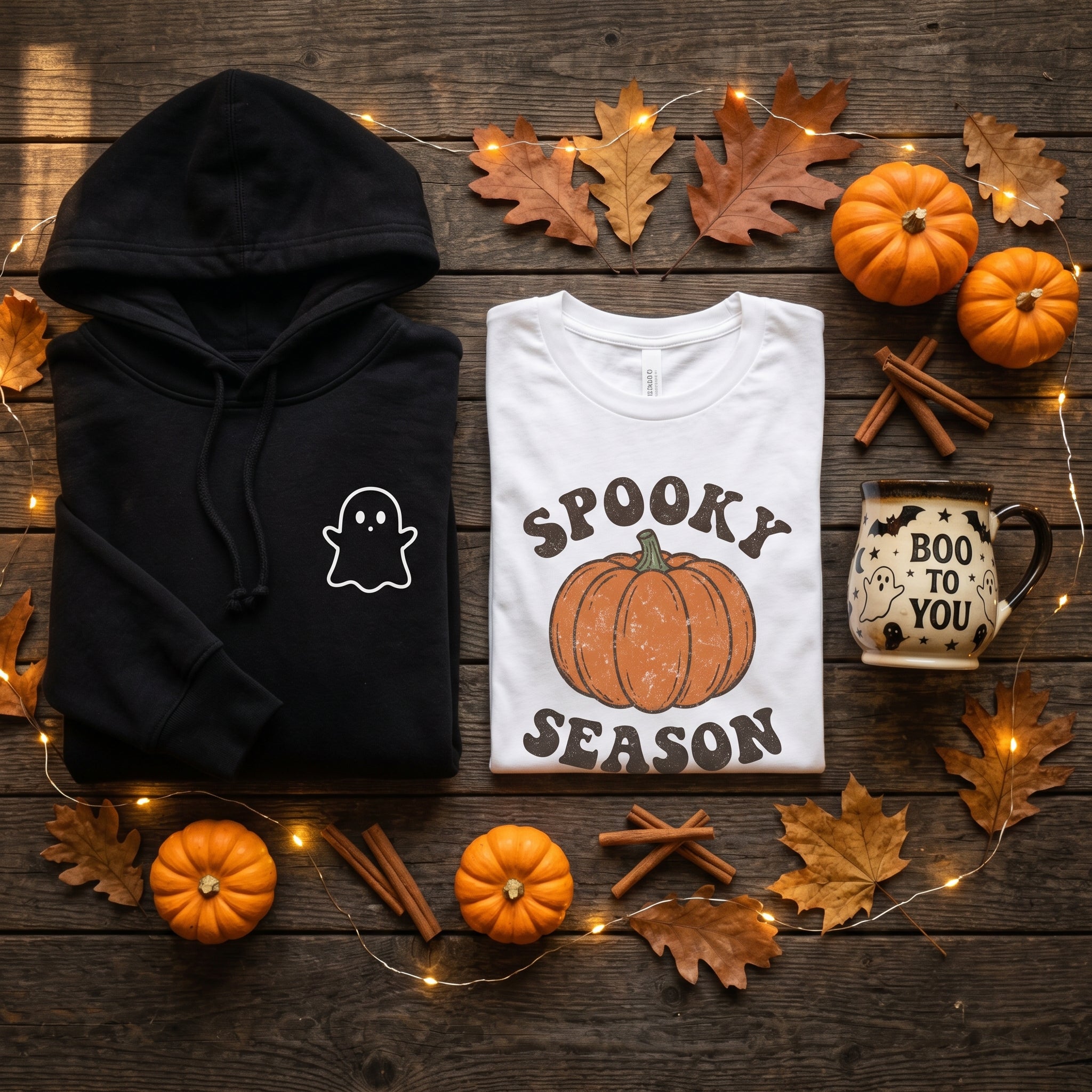 Flat lay display of Halloween apparel and gifts featuring a black ghost hoodie, white pumpkin t-shirt, and a spooky coffee mug on a cozy autumn background.