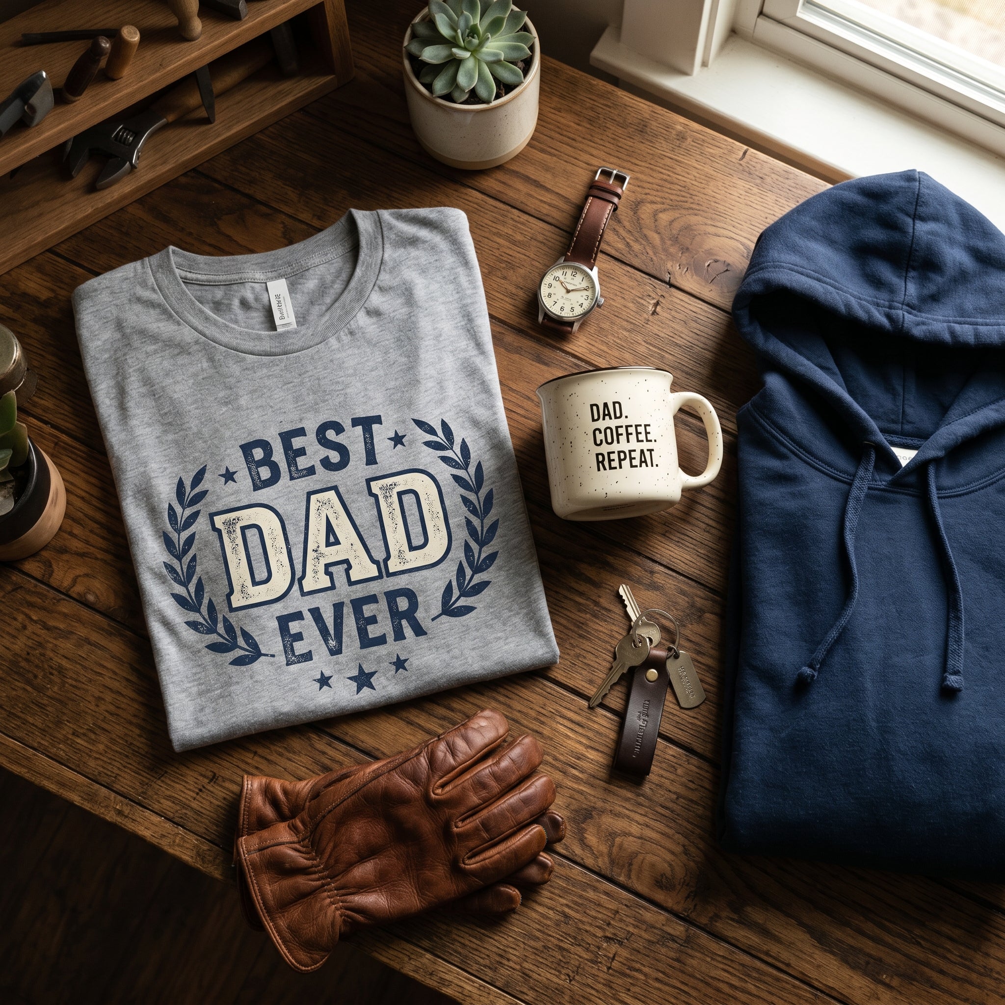 Father's Day gifts display featuring a funny dad t-shirt, Best Dad mug, and a grey hoodie on a rustic wooden workbench.