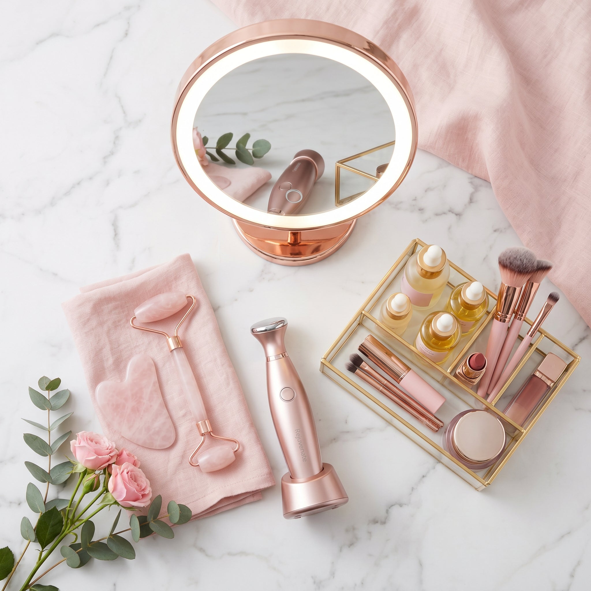 Beauty gadgets - LED vanity mirror, face roller  and makeup organizer