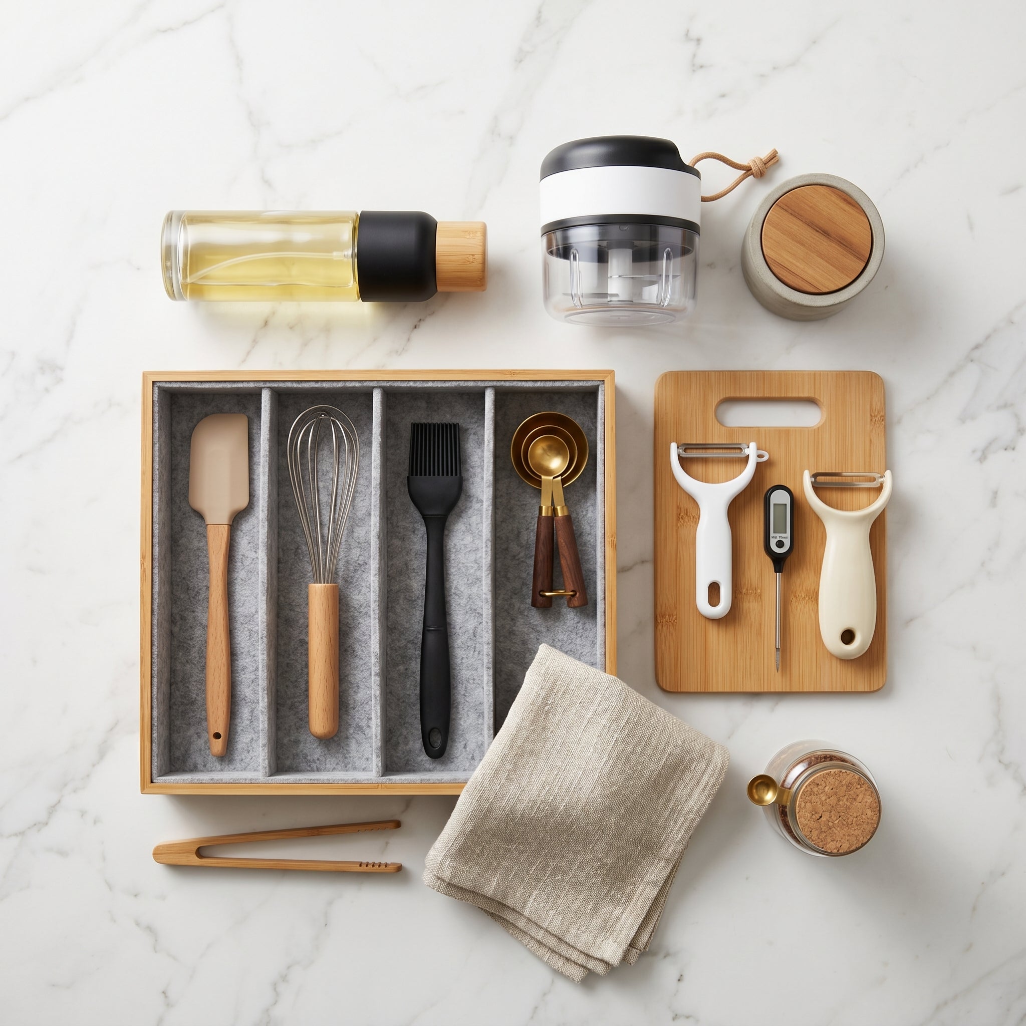 Kitchen gadgets and tools collection - oil spray bottle,  vegetable chopper and drawer organizers