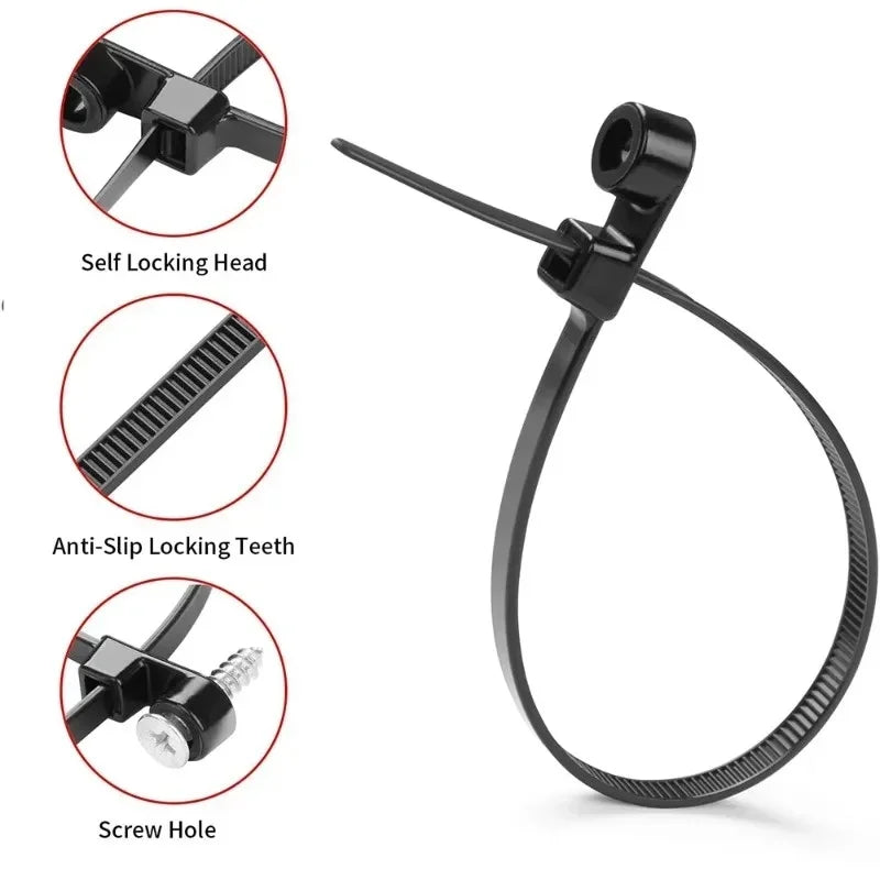 500/100PCS Screw Hole Cable Ties Reusable Fixed Nylon Cable Ties Self-Locking Cord Ties Straps Fastening Loop Office Organizer