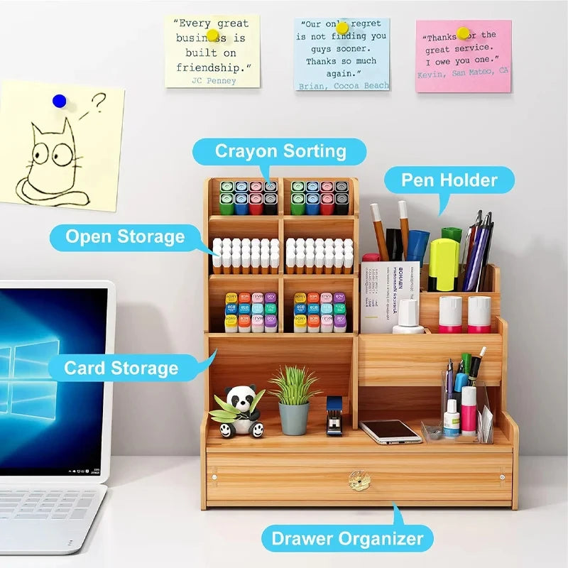 Wooden Desk Organizer with Drawer – Large DIY Desktop Pen & Stationery Holder | Gearelo