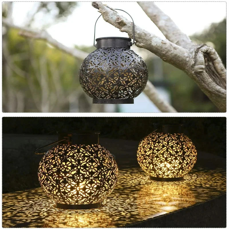 Solar Hanging Lantern Light – Hollow Wrought Iron LED Outdoor Garden Decor | Gearelo