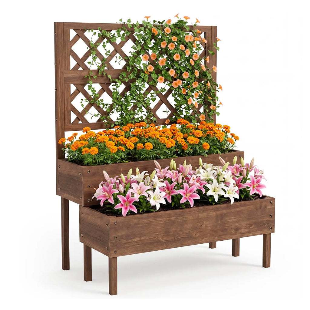 Wooden Raised Garden Bed with Trellis – 2-Tier Elevated Planter – With Wheels | Gearelo