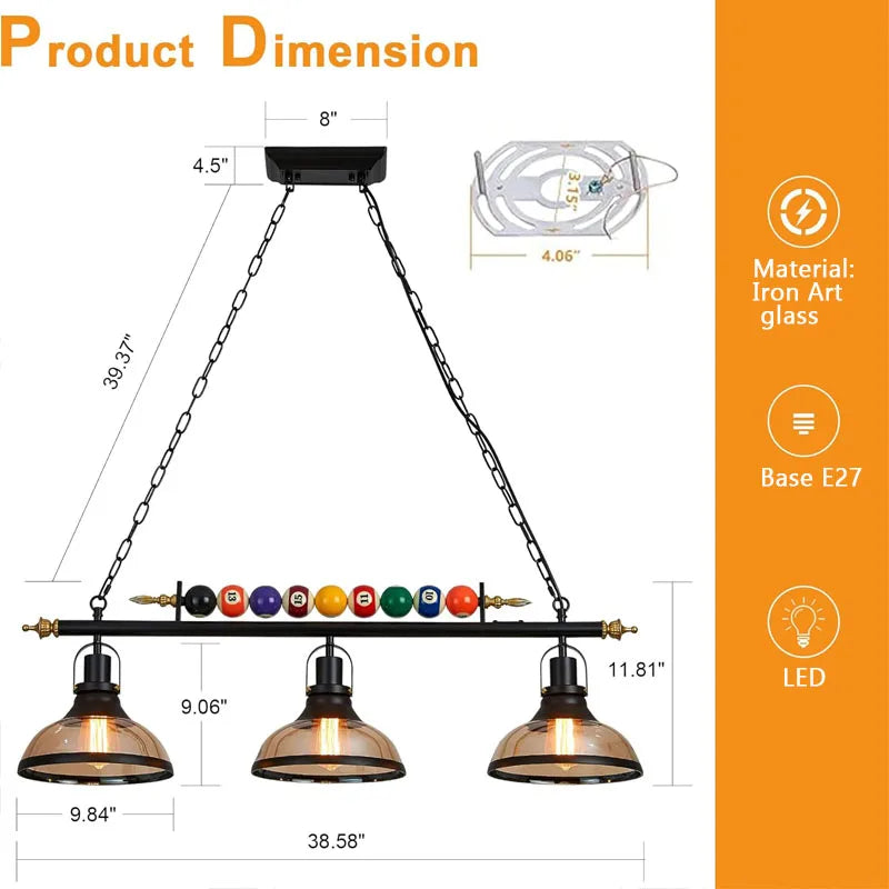 Retro Billiard LED Pendant Lamp – 3-Shade Adjustable Industrial Chandelier | Gearelo