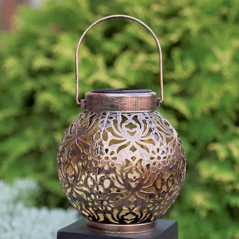 Solar Hanging Lantern Light – Hollow Wrought Iron LED Outdoor Garden Decor | Gearelo