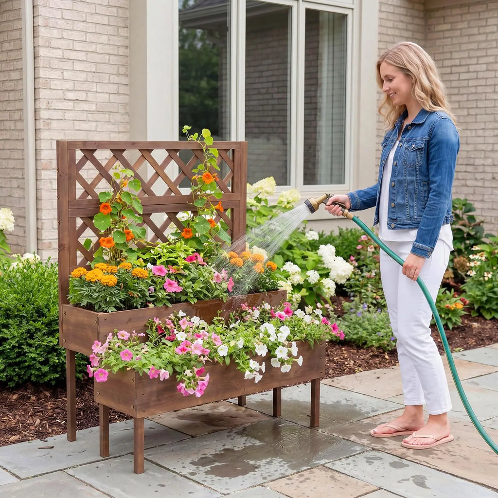 Wooden Raised Garden Bed with Trellis – 2-Tier Elevated Planter | Gearelo