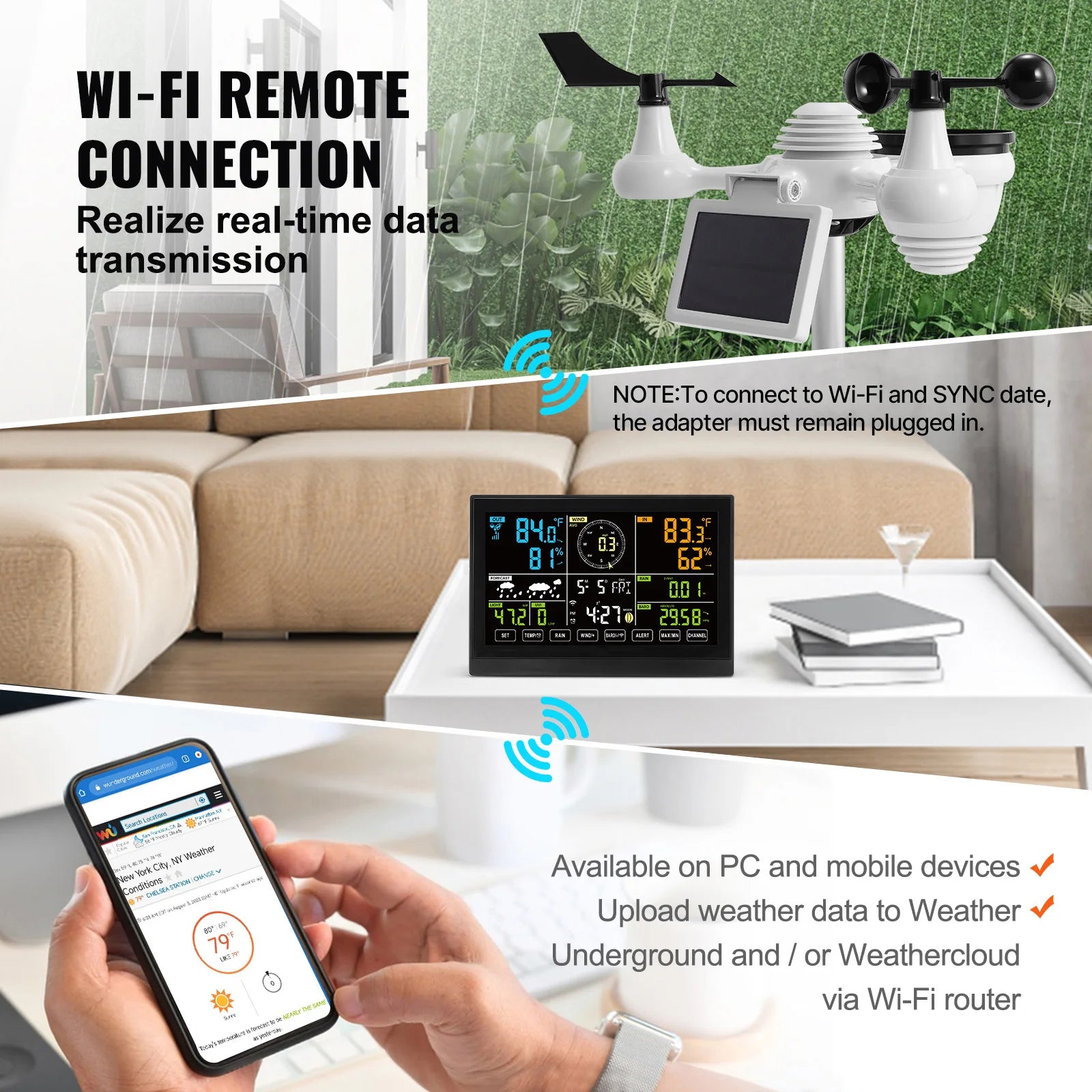 7-in-1 Wi-Fi Weather Station – 7.5" Color Display & Solar Outdoor Sensor