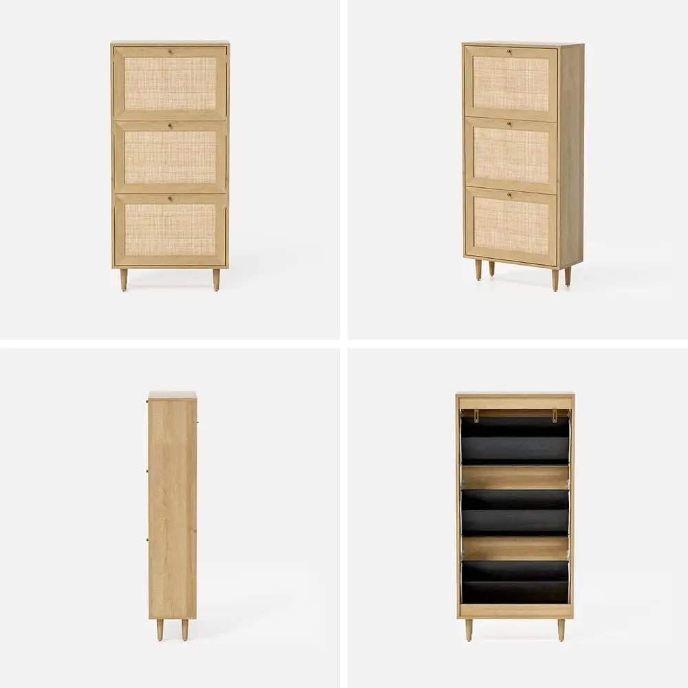 Slim Hallway Shoe Cabinet – 3-Tier Display with Rattan Baskets, Natural Oak | Gearelo