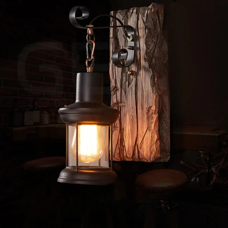 Industrial Wood Wall Sconce – Antique Rustic Lamp with Wood Accent – black | Gearelo