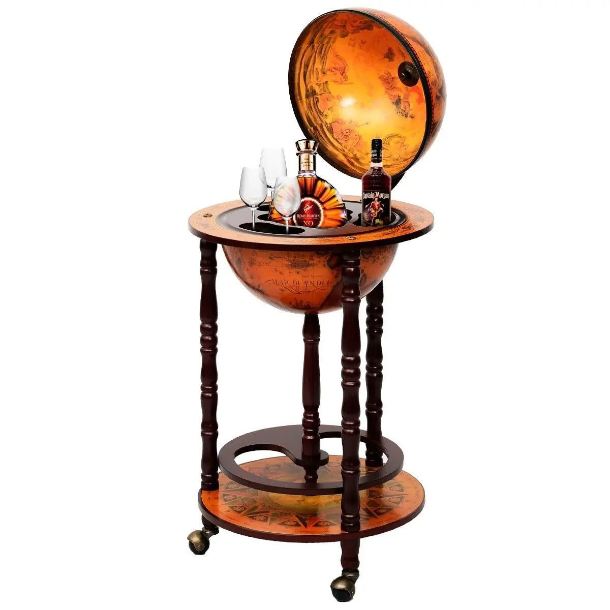 36" Vintage Italian Wood Globe Bar Stand – World Map Bottle Rack with Wheels | Gearelo