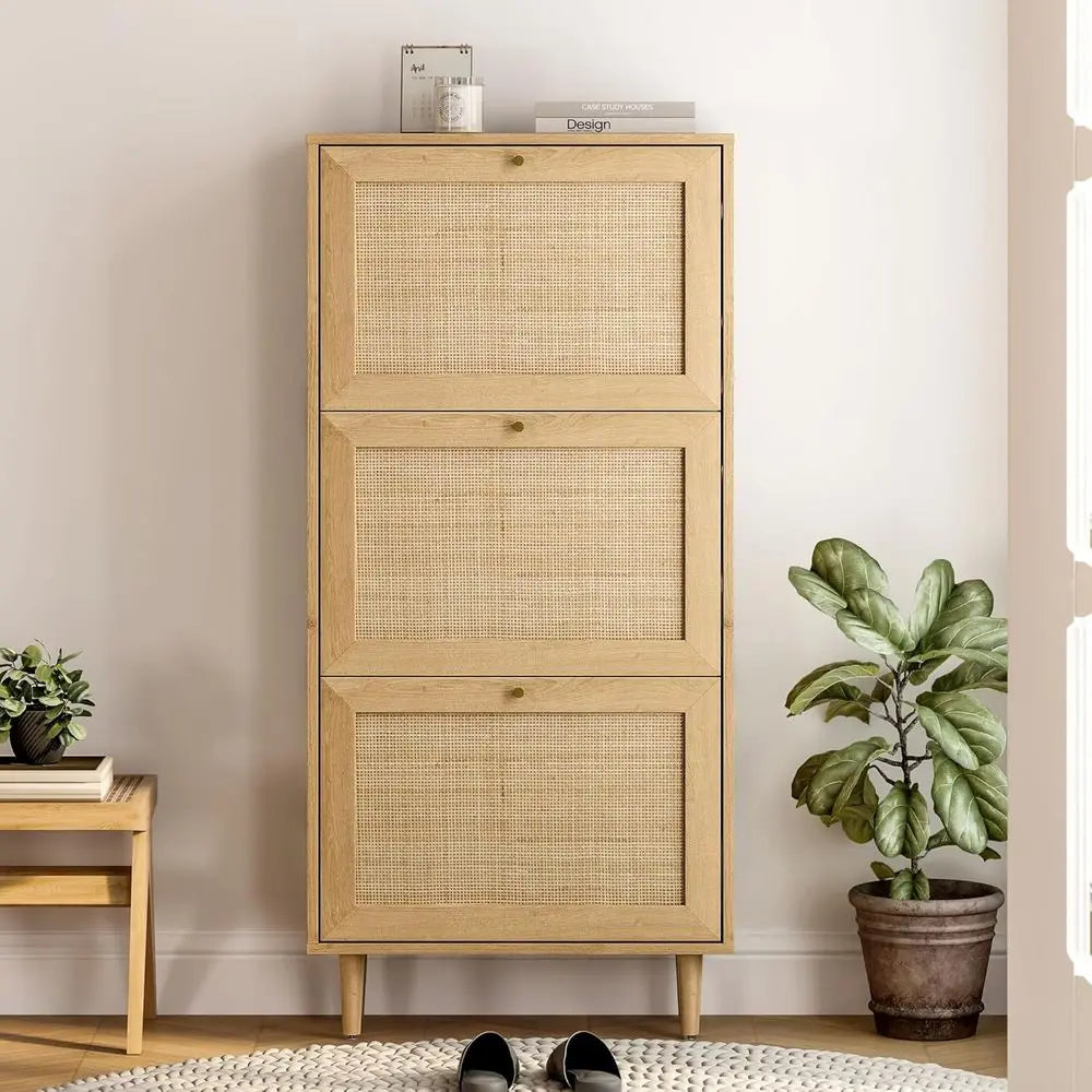 Slim Hallway Shoe Cabinet – 3-Tier Display with Rattan Baskets, Natural Oak | Gearelo