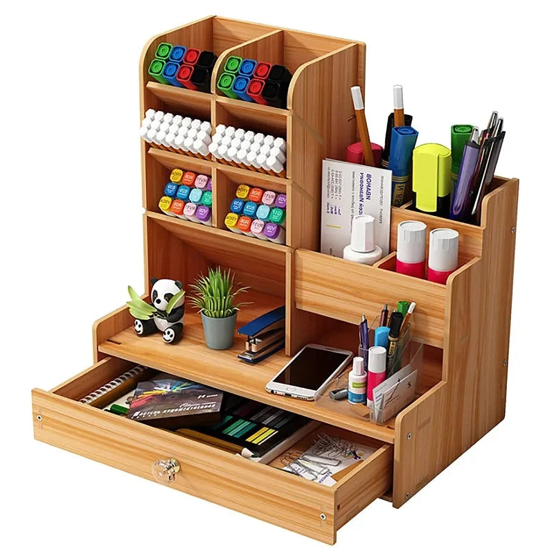 Wooden Desk Organizer with Drawer – Large DIY Desktop Pen & Stationery Holder | Gearelo