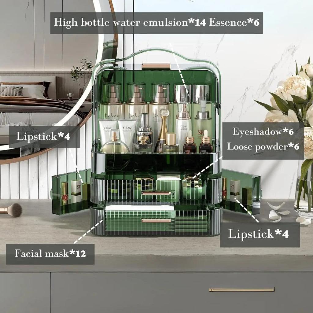 Large Makeup Organizer Box – Transparent Lid with Drawers & Portable Handle | Gearelo