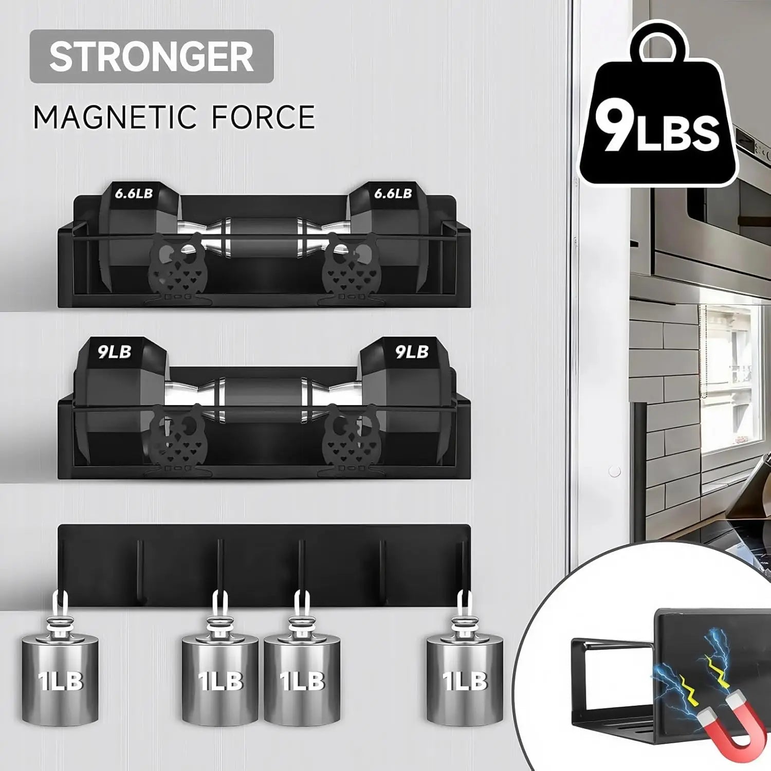 Magnetic shelf holding 9 lbs strong magnet force kitchen storage
