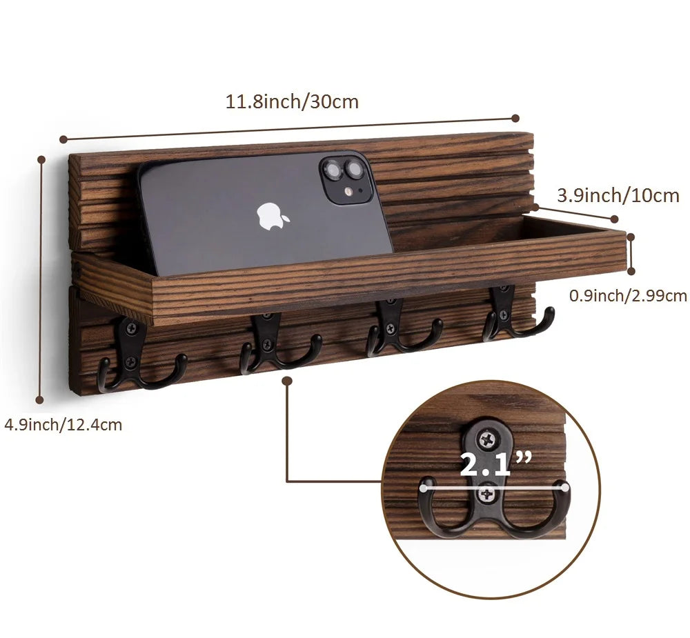 Wooden Key Holder Wall Organizer – 4-Hook Mail Rack for Entryway Keys & Sunglasses | Gearelo