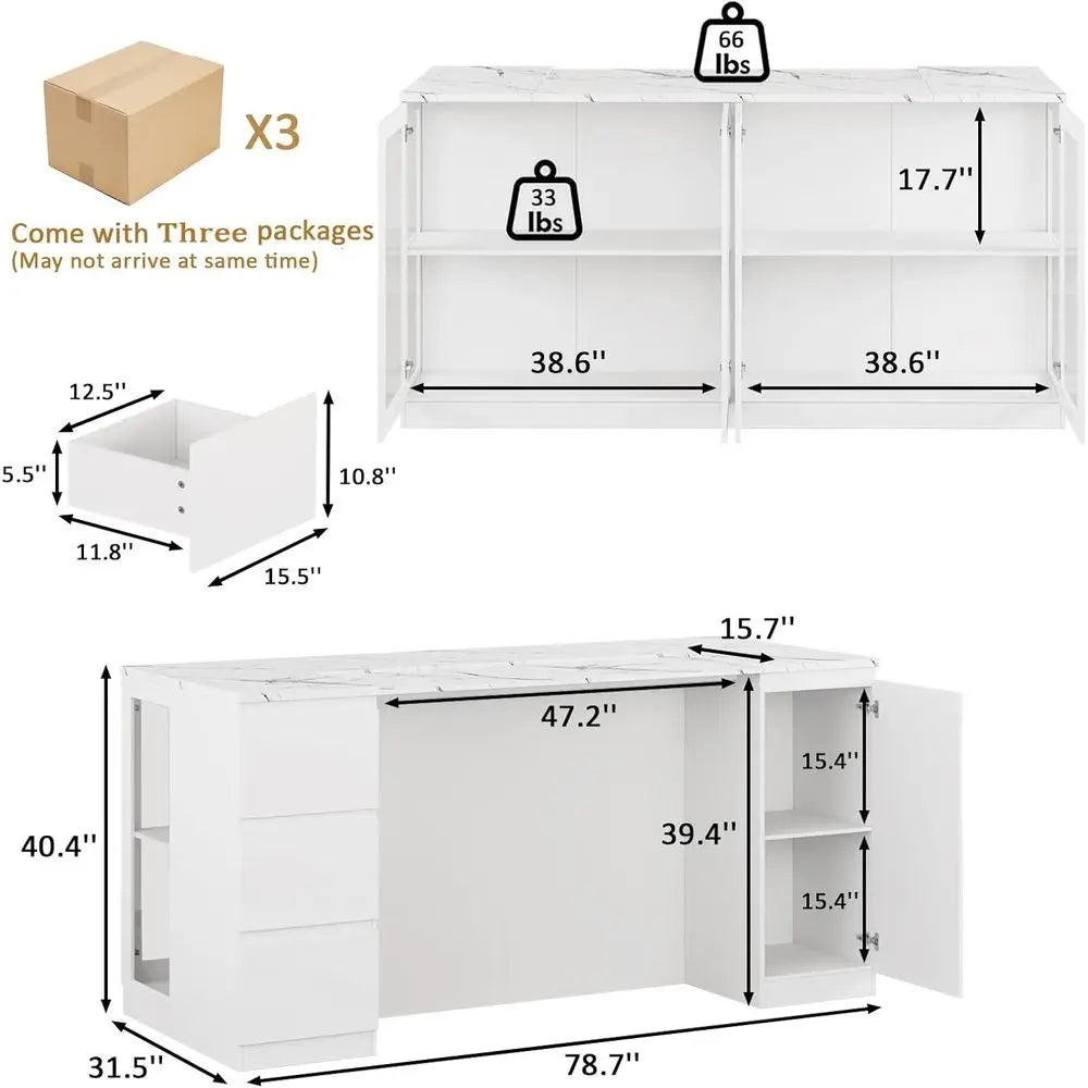 78.7" Kitchen Island with Storage – LED Light, 6 Shelves & Drawers | Gearelo