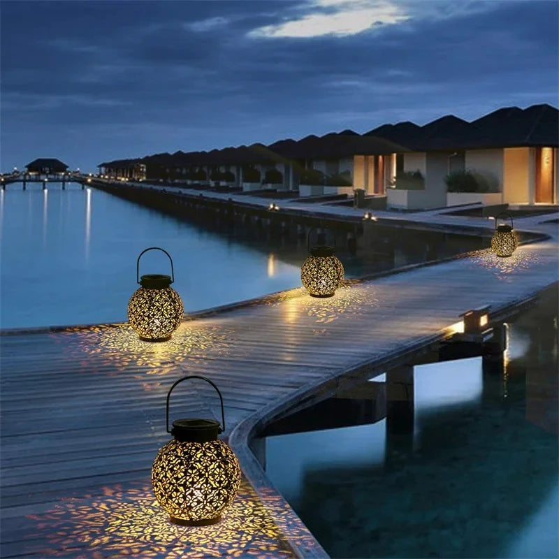 Solar Hanging Lantern Light – Hollow Wrought Iron LED Outdoor Garden Decor | Gearelo