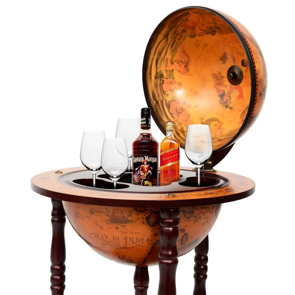 36" Vintage Italian Wood Globe Bar Stand – World Map Bottle Rack with Wheels | Gearelo