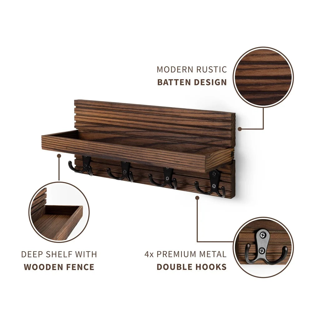 Wooden Key Holder Wall Organizer – 4-Hook Mail Rack for Entryway Keys & Sunglasses | Gearelo
