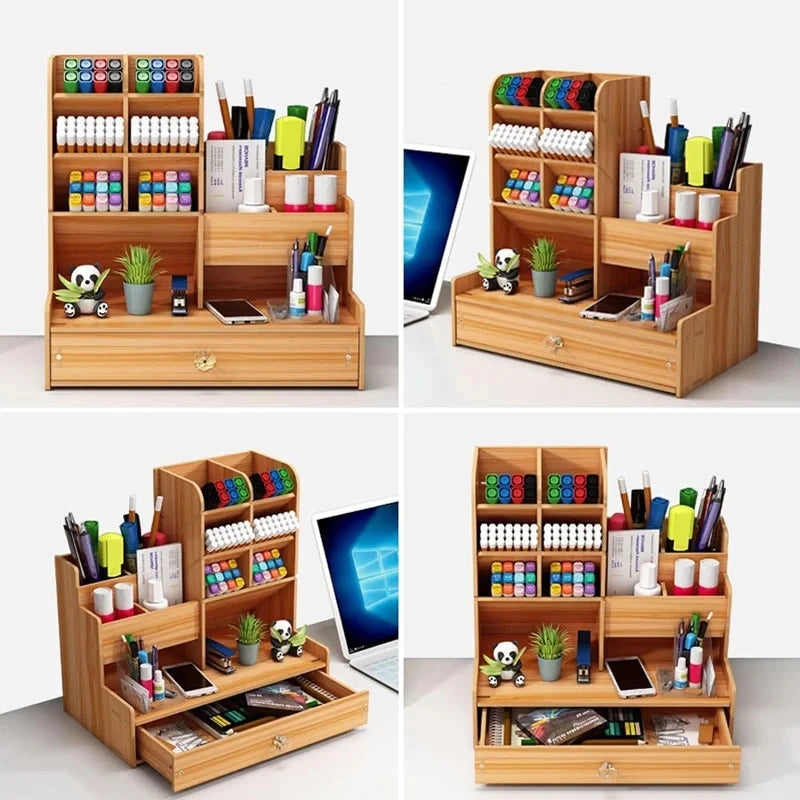 Wooden Desk Organizer with Drawer – Large DIY Desktop Pen & Stationery Holder | Gearelo