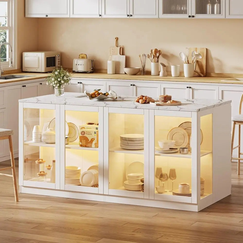 78.7" Kitchen Island with Storage – LED Light, 6 Shelves & Drawers | Gearelo