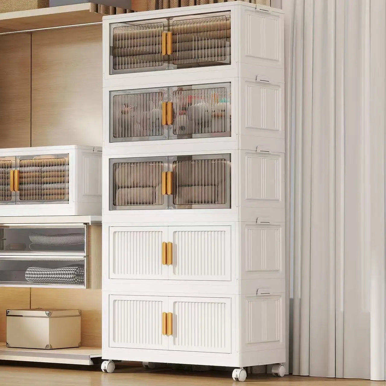Foldable Storage Cabinet 3–5 Tier – No-Assembly Organizer with Wheels | Gearelo