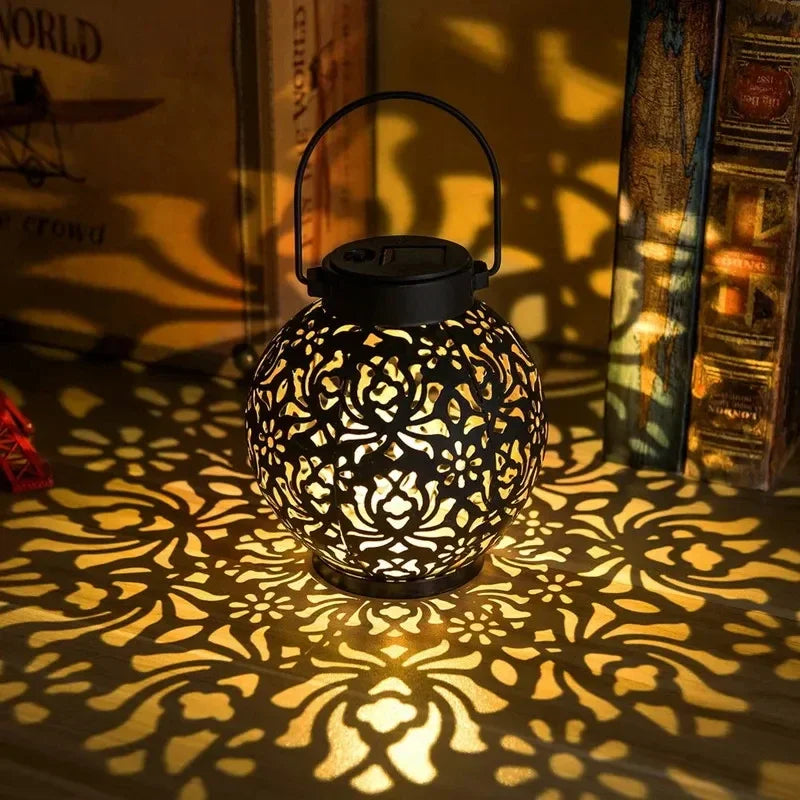 Solar Hanging Lantern Light – Hollow Wrought Iron LED Outdoor Garden Decor | Gearelo