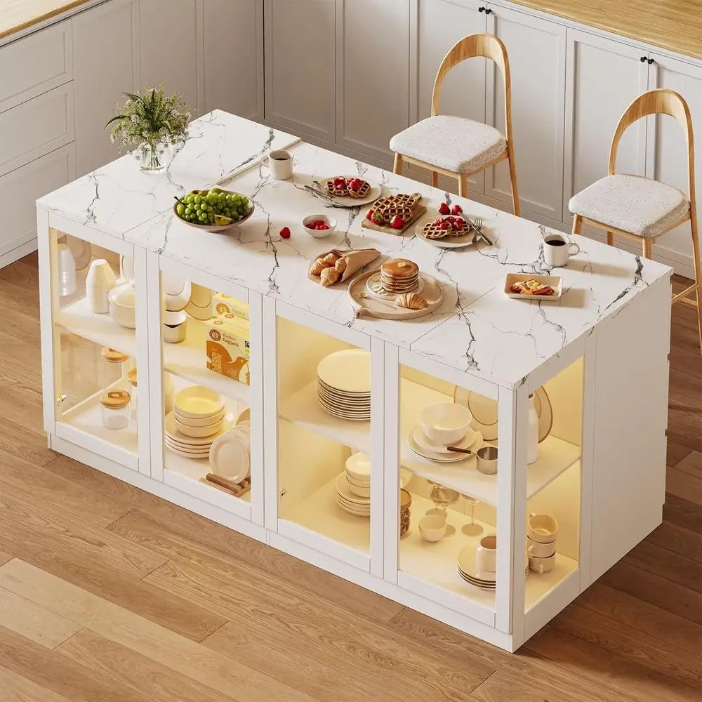 78.7" Kitchen Island with Storage – LED Light, 6 Shelves & Drawers – United States | Gearelo
