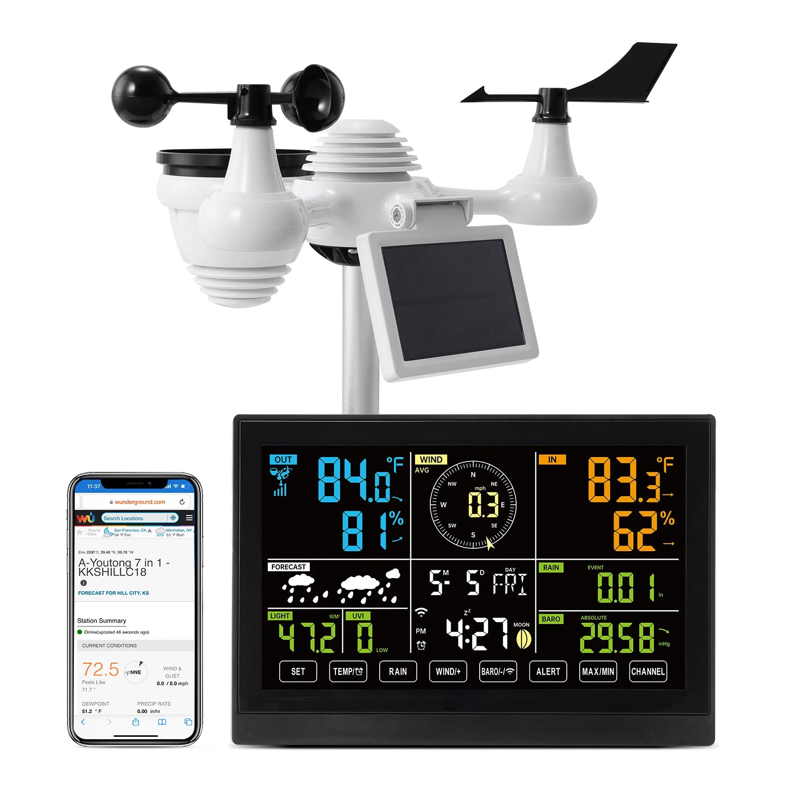 7-in-1 Wi-Fi Weather Station – 7.5" Color Display & Solar Outdoor Sensor