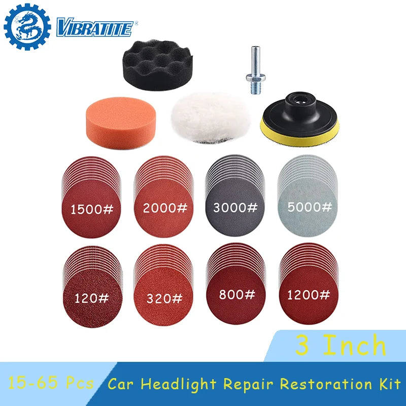 Car Headlight Restoration Kit – 3" Sanding & Polishing Pad Set, 15–65pc | Gearelo