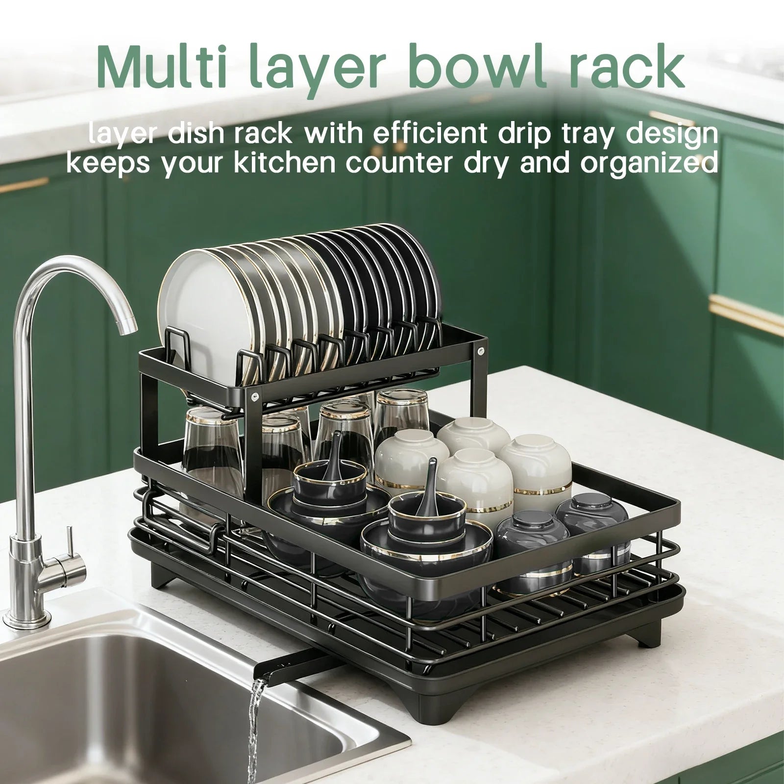 2-Tier Dish Drying Rack with Drainboard, Knife & Utensil Holder | Gearelo