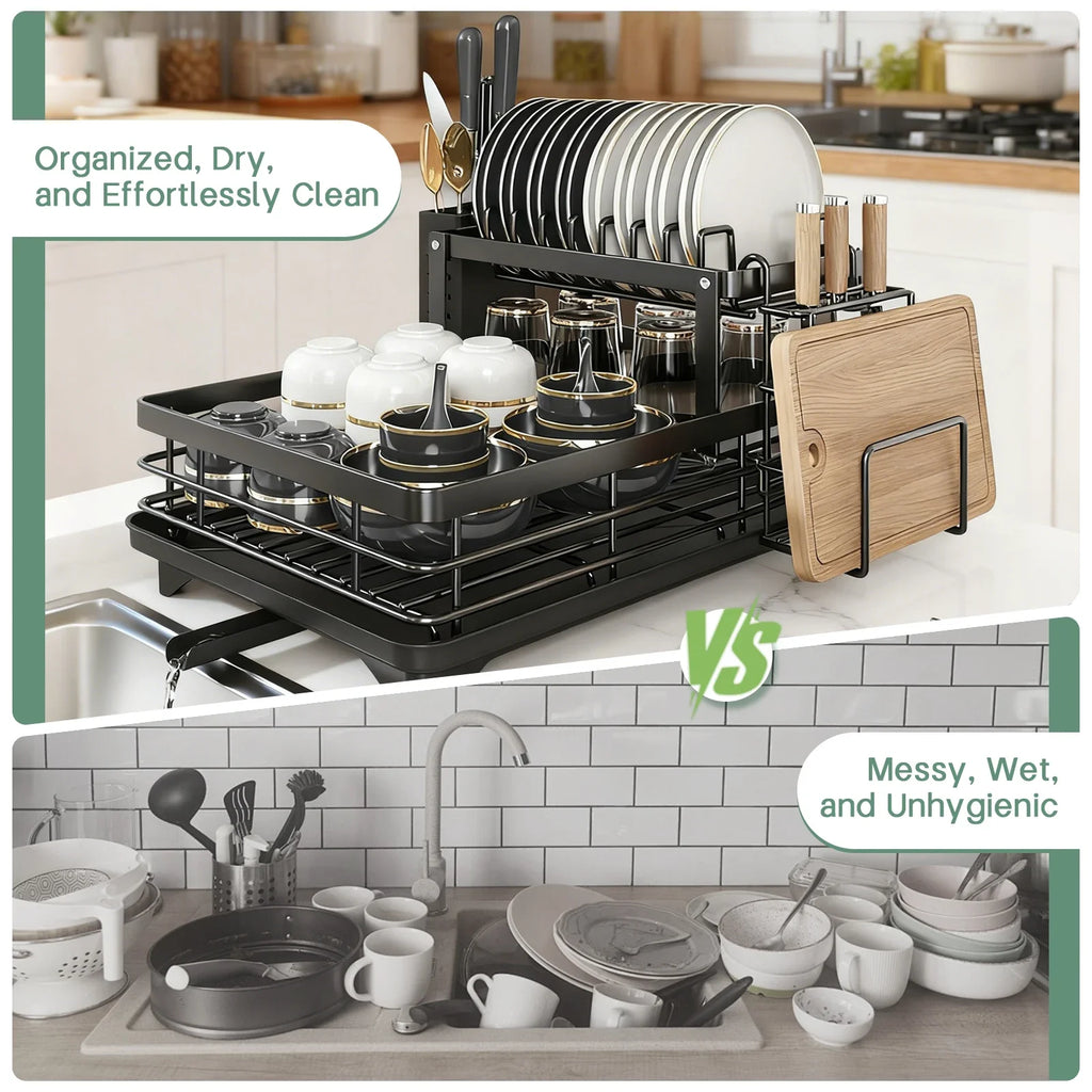 2-Tier Dish Drying Rack with Drainboard, Knife & Utensil Holder | Gearelo