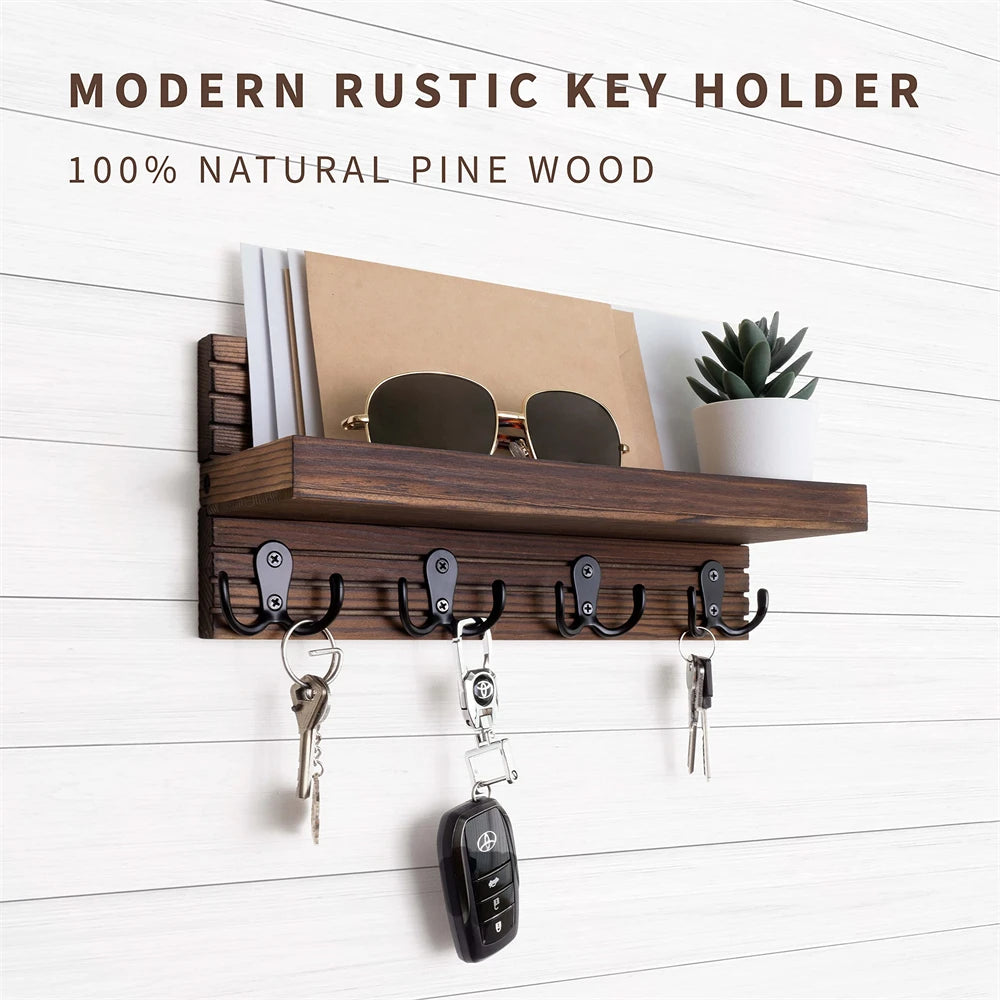 Wooden Key Holder Wall Organizer – 4-Hook Mail Rack for Entryway Keys & Sunglasses | Gearelo