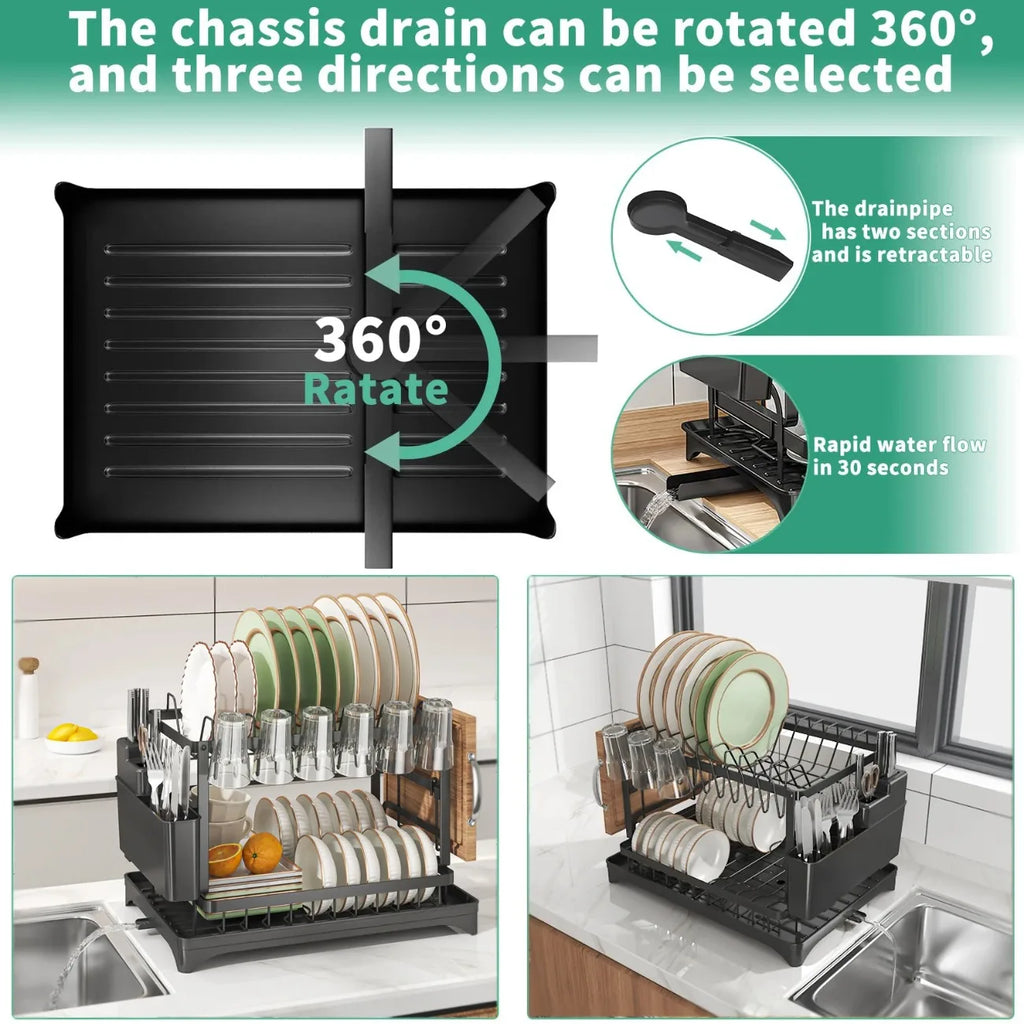 2-Tier Rotating Dish Drying Rack – 360° Swivel with Drainboard | Gearelo