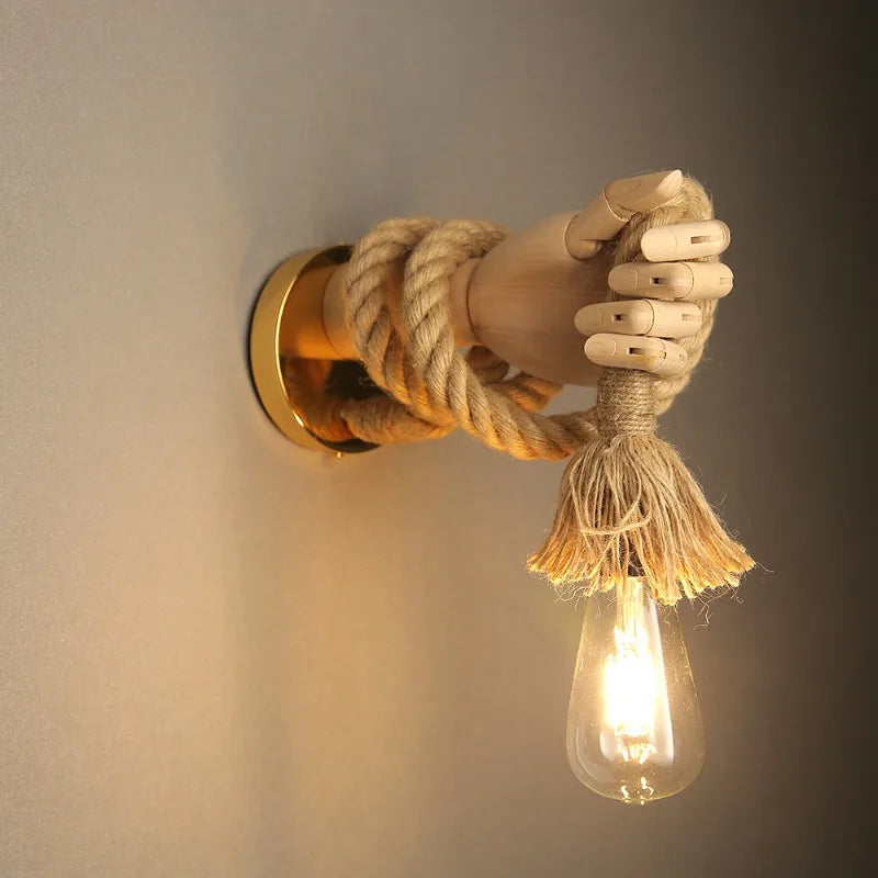 Retro Robot Wall Lamp – Hemp Rope USB-Charged Decorative Light – left hand | Gearelo