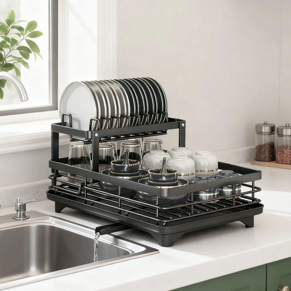 2-Tier Dish Drying Rack with Drainboard, Knife & Utensil Holder | Gearelo