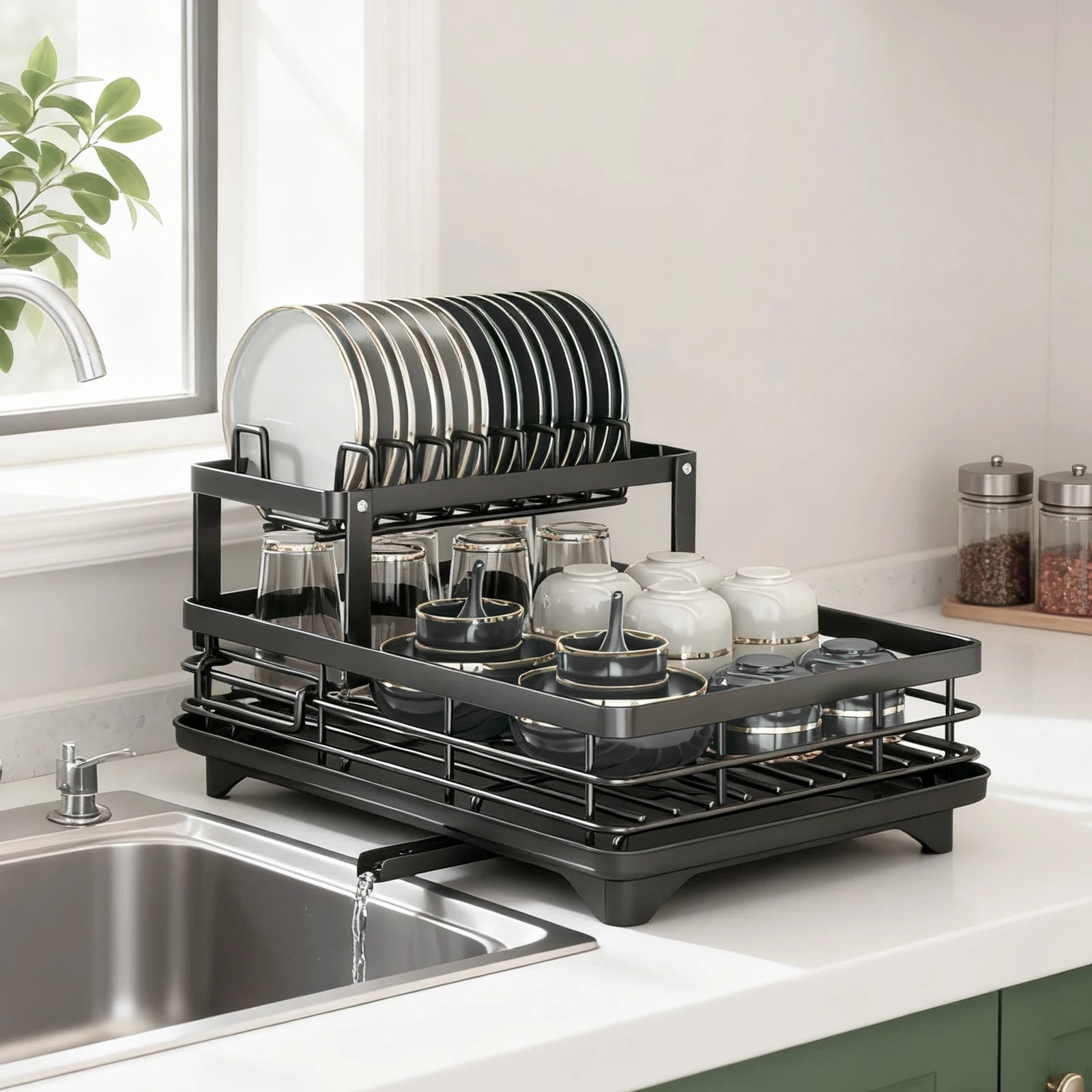2-Tier Dish Drying Rack with Drainboard, Knife & Utensil Holder | Gearelo