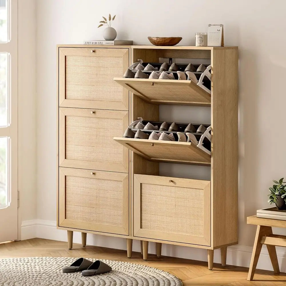 Slim Hallway Shoe Cabinet – 3-Tier Display with Rattan Baskets, Natural Oak | Gearelo