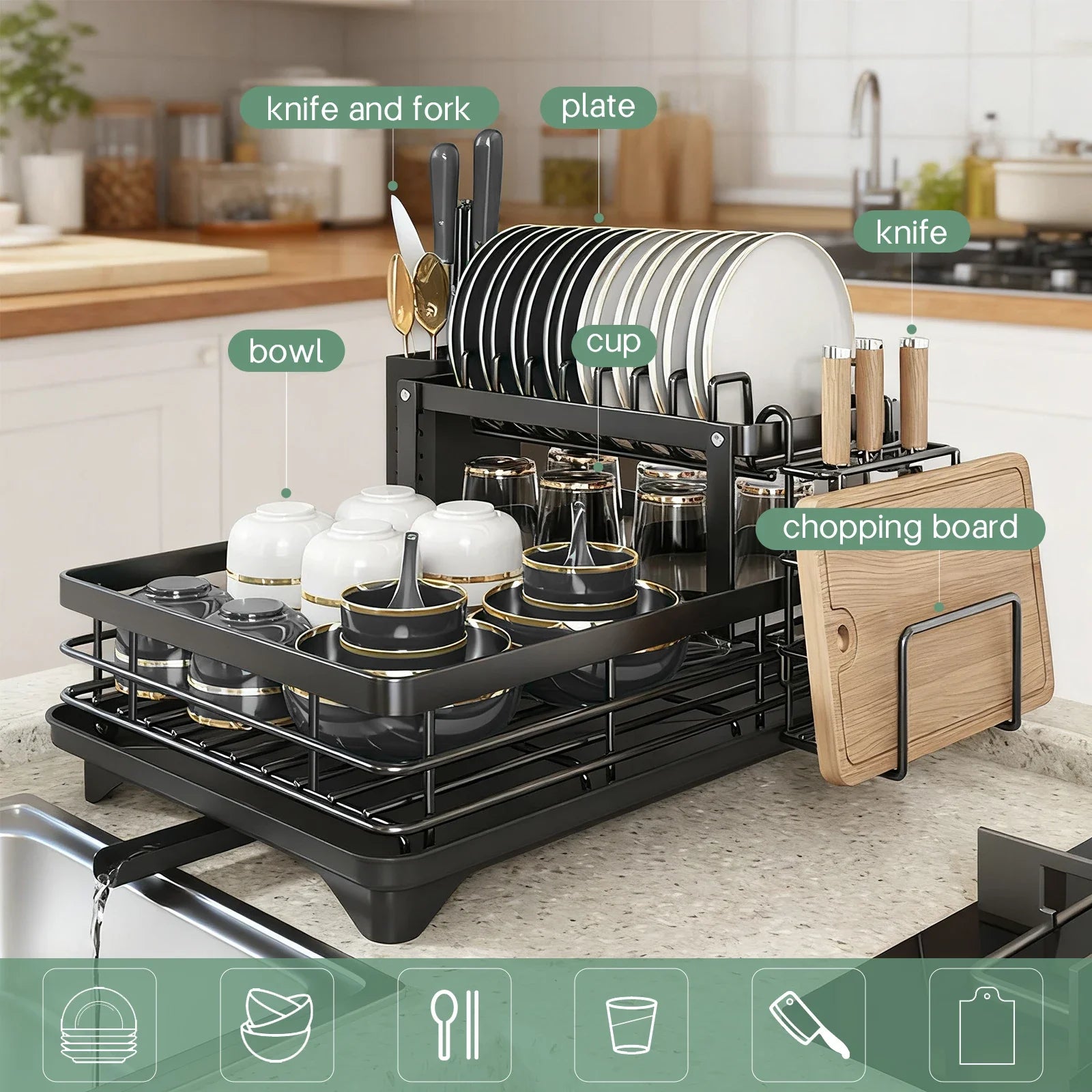 2-Tier Dish Drying Rack with Drainboard, Knife & Utensil Holder – Basic | Gearelo