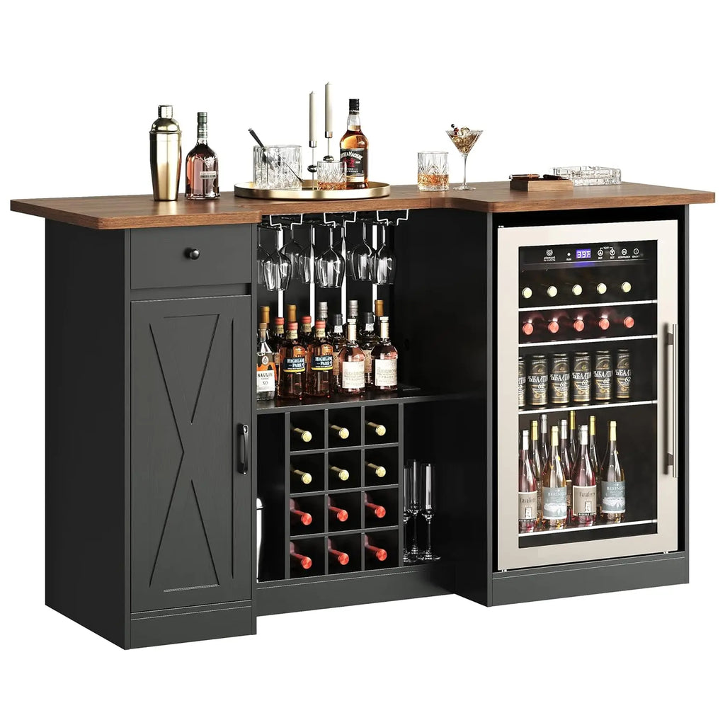 U-Shape Liquor Cabinet with Bar Table – Wine Rack & Glass Holder – Black | Gearelo