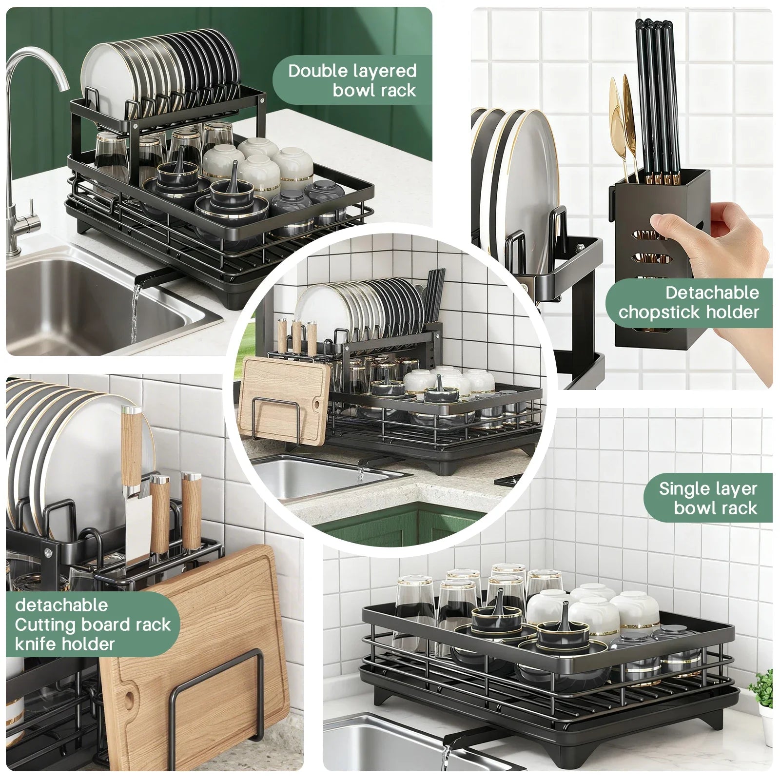 2-Tier Dish Drying Rack with Drainboard, Knife & Utensil Holder | Gearelo
