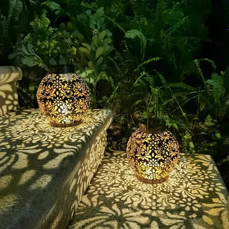 Solar Hanging Lantern Light – Hollow Wrought Iron LED Outdoor Garden Decor | Gearelo