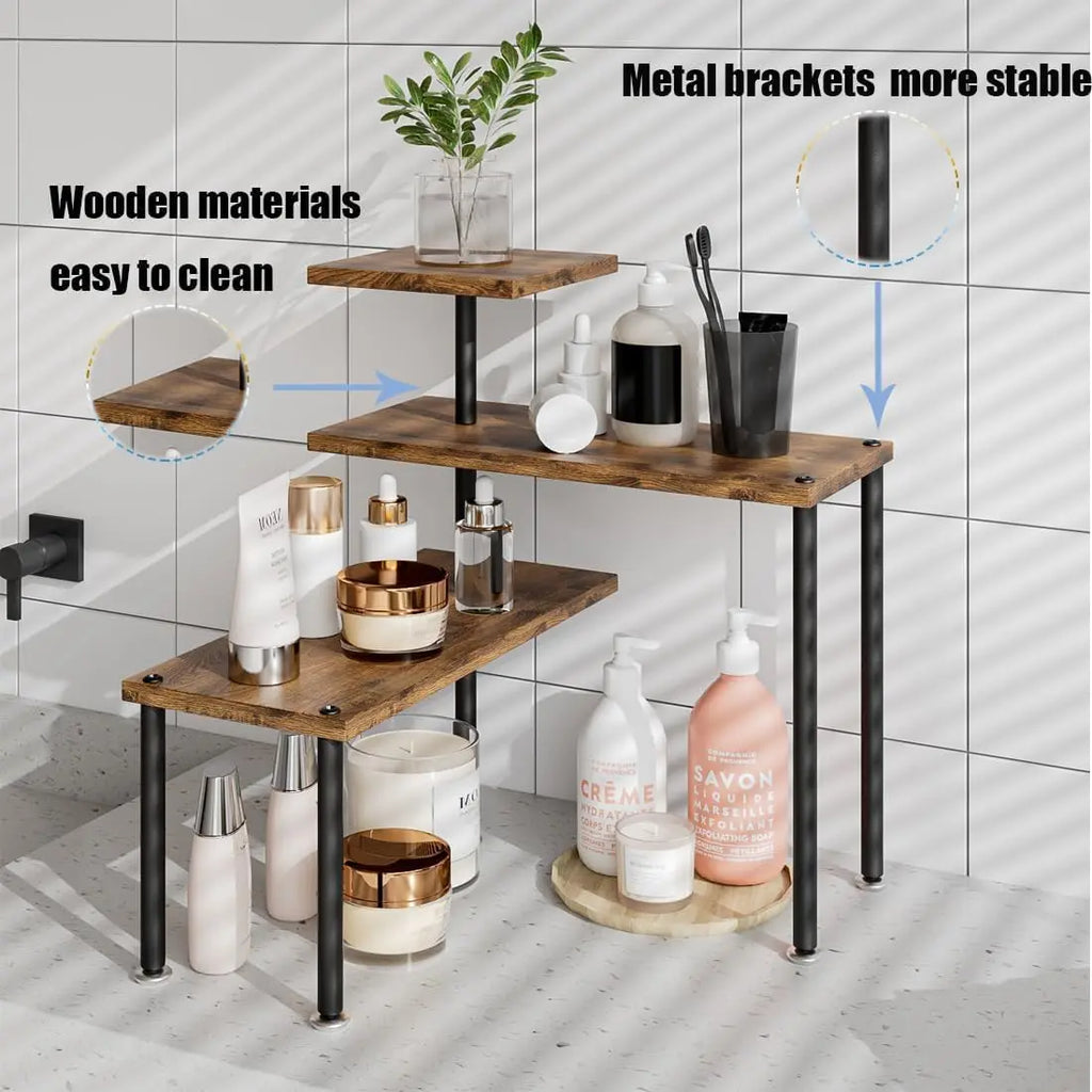 Corner shelf organizer in kitchen with spices condiments coffee
