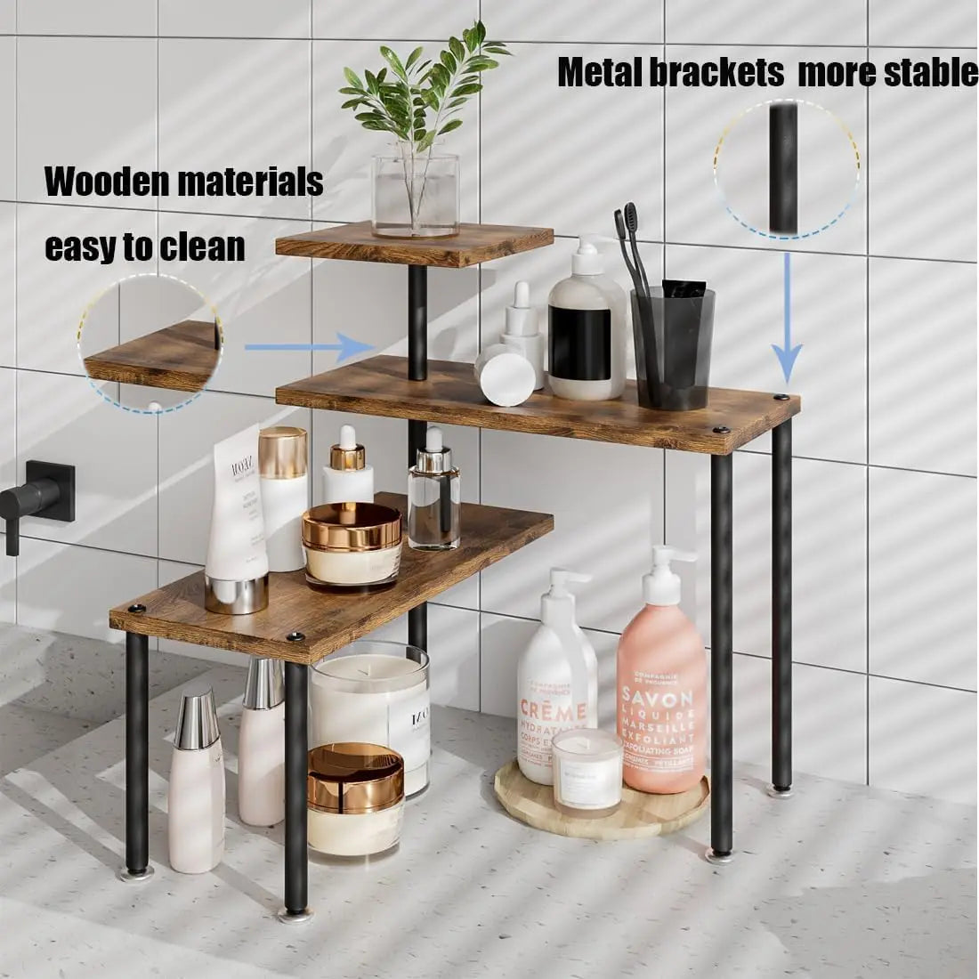 Corner shelf organizer in kitchen with spices condiments coffee
