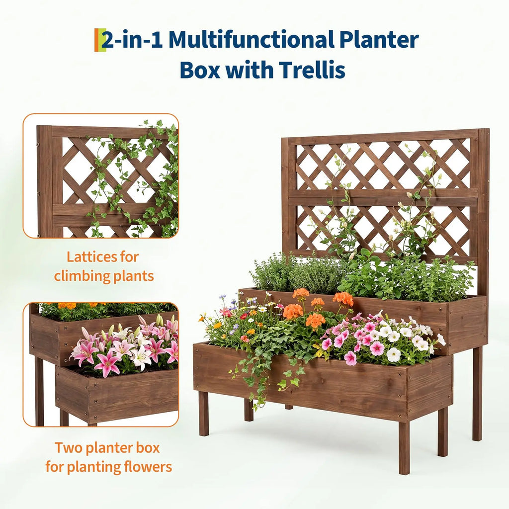 Wooden Raised Garden Bed with Trellis – 2-Tier Elevated Planter – NO Wheels | Gearelo