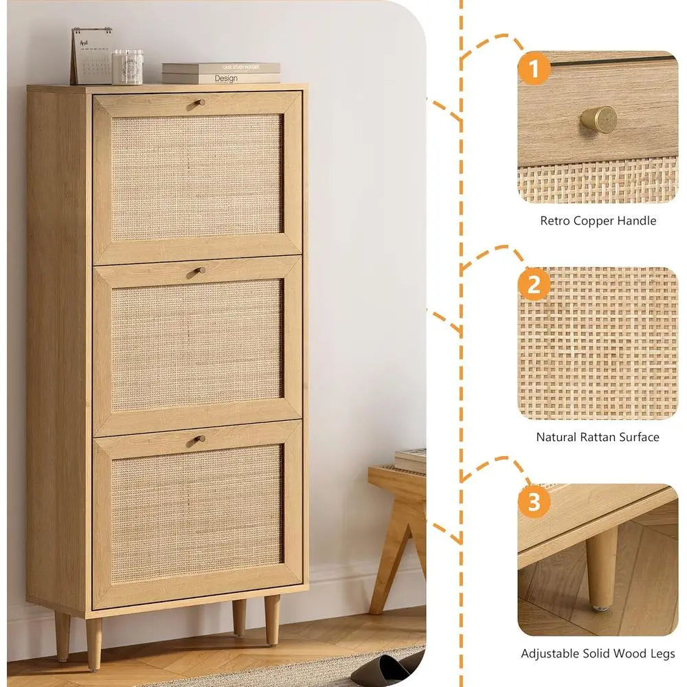 Slim Hallway Shoe Cabinet – 3-Tier Display with Rattan Baskets, Natural Oak | Gearelo