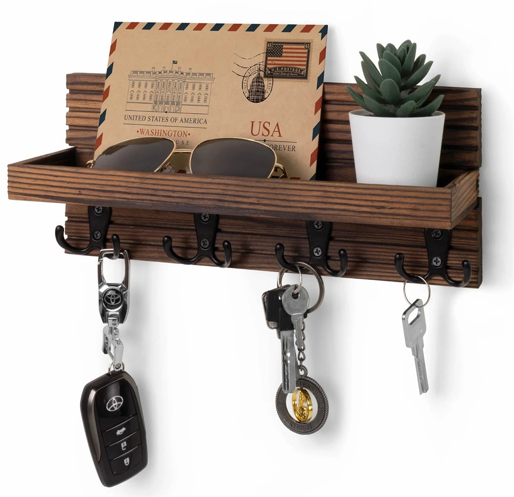 Wooden Key Holder Wall Organizer – 4-Hook Mail Rack for Entryway Keys & Sunglasses | Gearelo